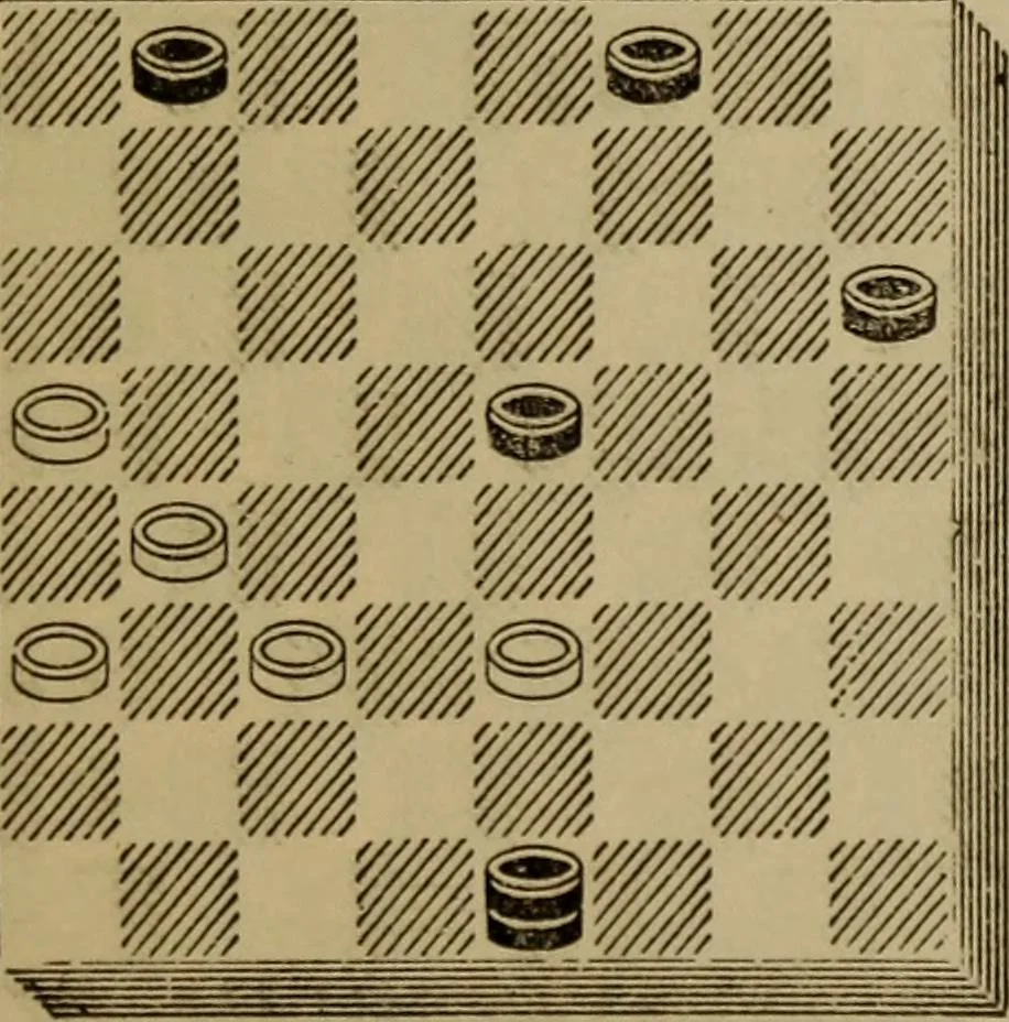 An illustration from Draughts : Gould's problems, critical positions and games by all the greatest players and composers of the world, the whole interspersed with notes on the positions / by Joseph Gould, 1895, leaf 50