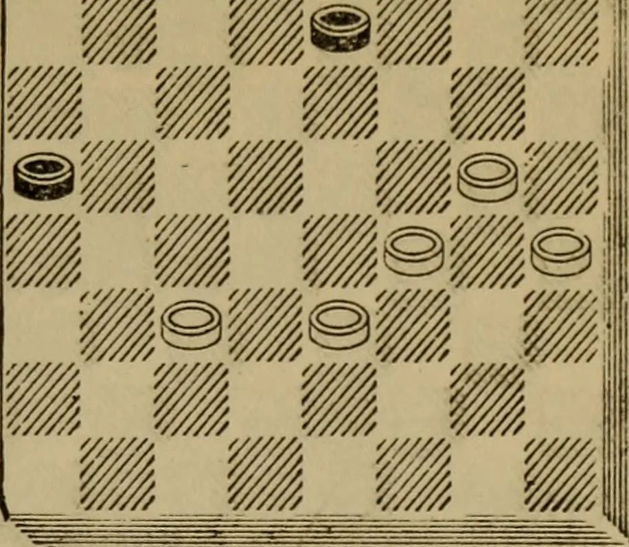 An illustration from Draughts : Gould's problems, critical positions and games by all the greatest players and composers of the world, the whole interspersed with notes on the positions / by Joseph Gould, 1895, leaf 50