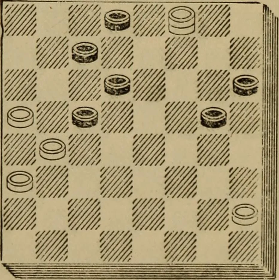 An illustration from Draughts : Gould's problems, critical positions and games by all the greatest players and composers of the world, the whole interspersed with notes on the positions / by Joseph Gould, 1895, leaf 50