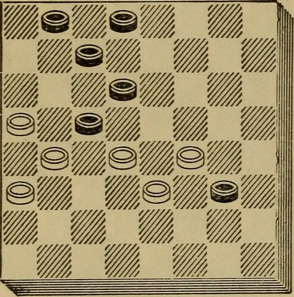 An illustration from Draughts : Gould's problems, critical positions and games by all the greatest players and composers of the world, the whole interspersed with notes on the positions / by Joseph Gould, 1895, leaf 51
