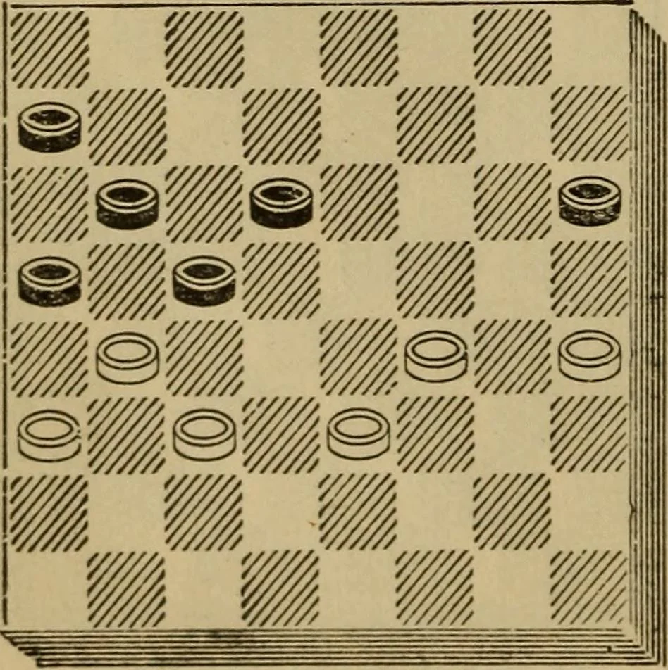An illustration from Draughts : Gould's problems, critical positions and games by all the greatest players and composers of the world, the whole interspersed with notes on the positions / by Joseph Gould, 1895, leaf 51