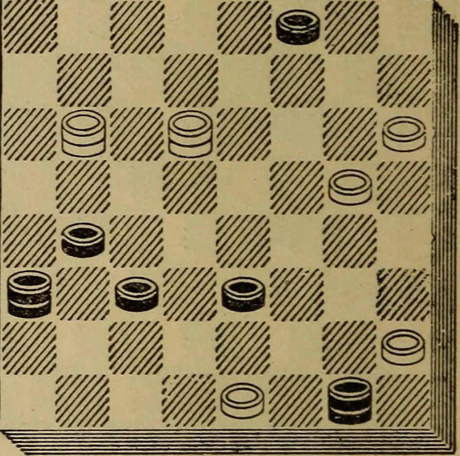 An illustration from Draughts : Gould's problems, critical positions and games by all the greatest players and composers of the world, the whole interspersed with notes on the positions / by Joseph Gould, 1895, leaf 51