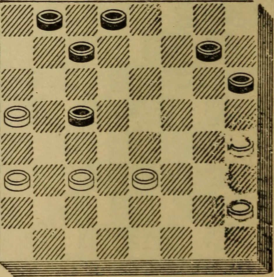 An illustration from Draughts : Gould's problems, critical positions and games by all the greatest players and composers of the world, the whole interspersed with notes on the positions / by Joseph Gould, 1895, leaf 51