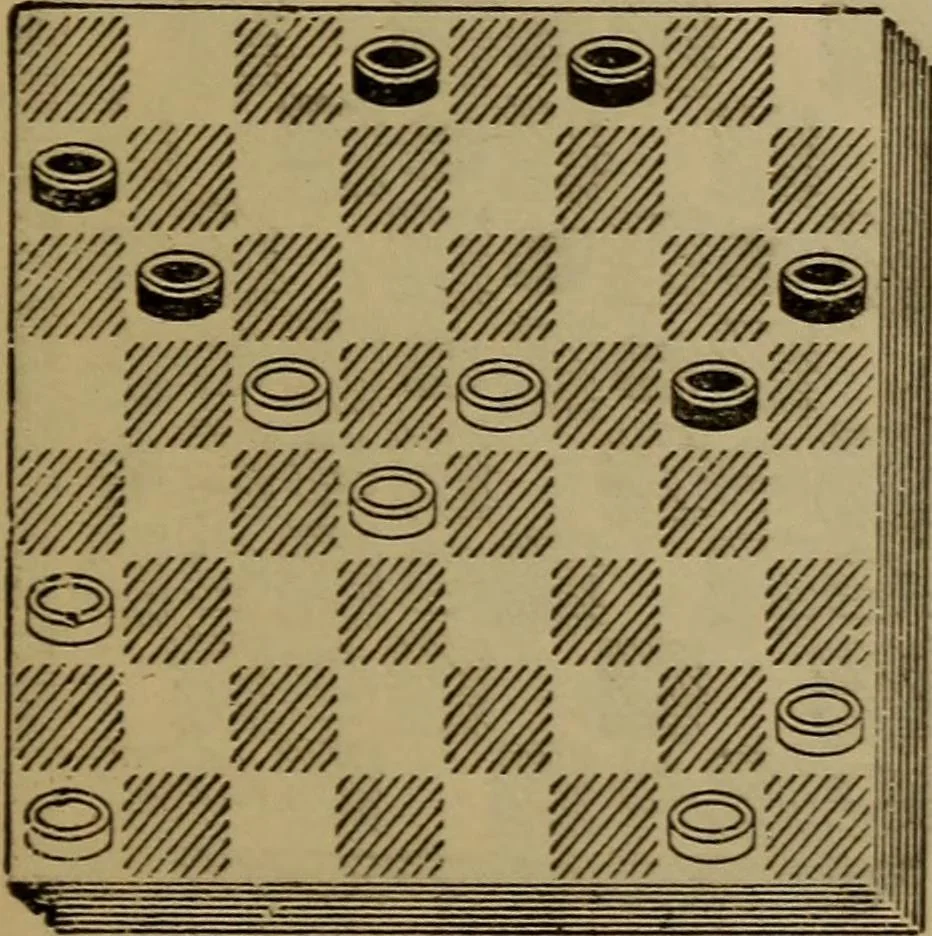 An illustration from Draughts : Gould's problems, critical positions and games by all the greatest players and composers of the world, the whole interspersed with notes on the positions / by Joseph Gould, 1895, leaf 52
