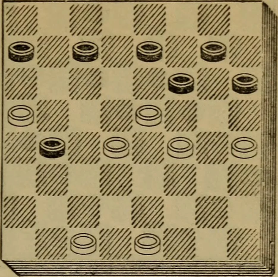 An illustration from Draughts : Gould's problems, critical positions and games by all the greatest players and composers of the world, the whole interspersed with notes on the positions / by Joseph Gould, 1895, leaf 52