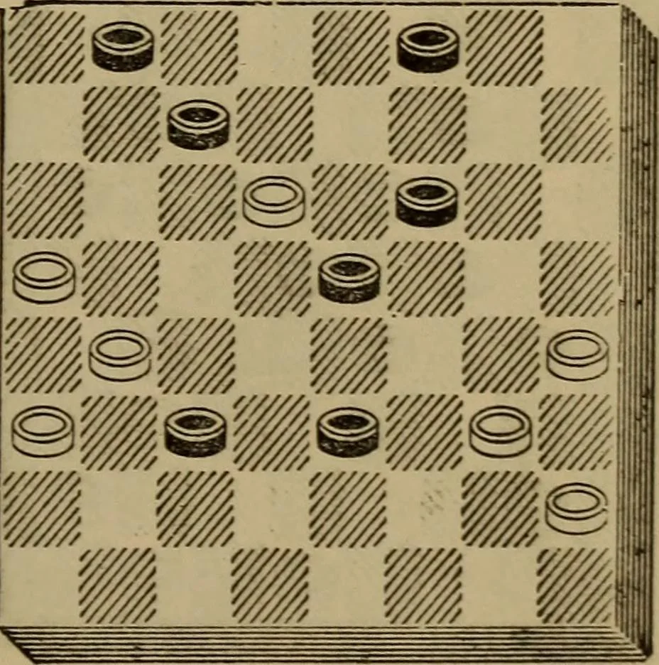 An illustration from Draughts : Gould's problems, critical positions and games by all the greatest players and composers of the world, the whole interspersed with notes on the positions / by Joseph Gould, 1895, leaf 52