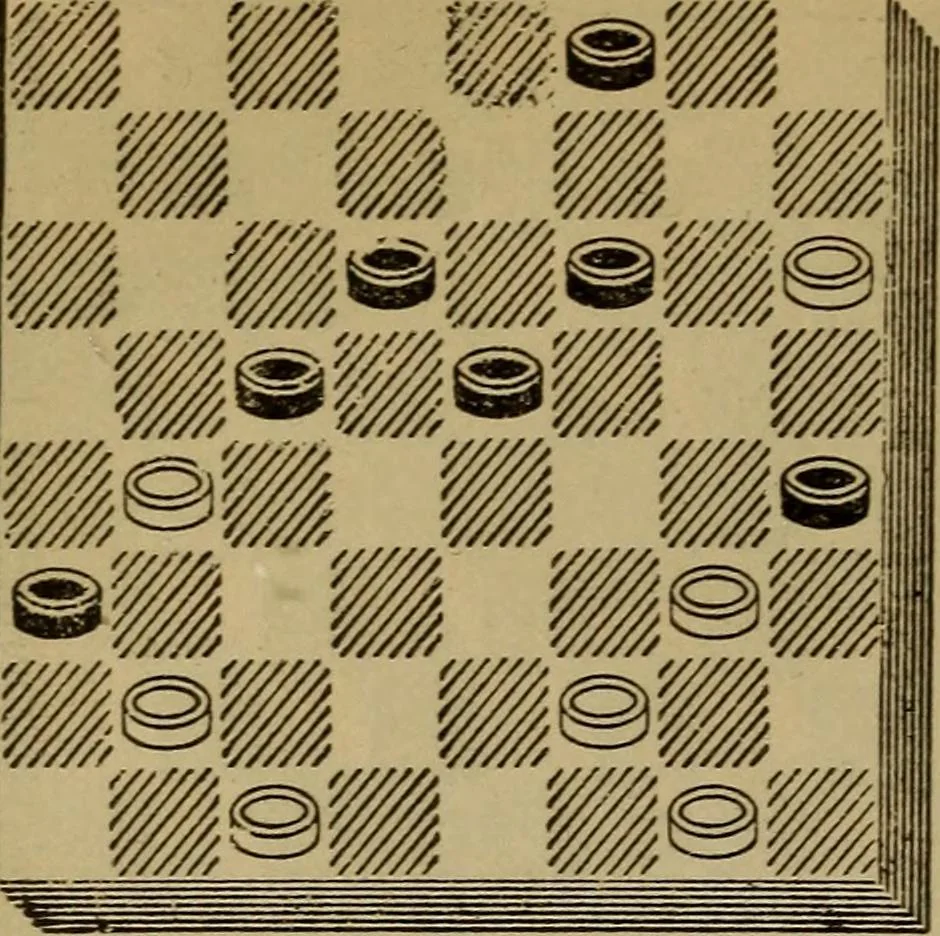 An illustration from Draughts : Gould's problems, critical positions and games by all the greatest players and composers of the world, the whole interspersed with notes on the positions / by Joseph Gould, 1895, leaf 53