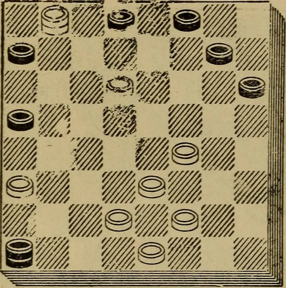 An illustration from Draughts : Gould's problems, critical positions and games by all the greatest players and composers of the world, the whole interspersed with notes on the positions / by Joseph Gould, 1895, leaf 53