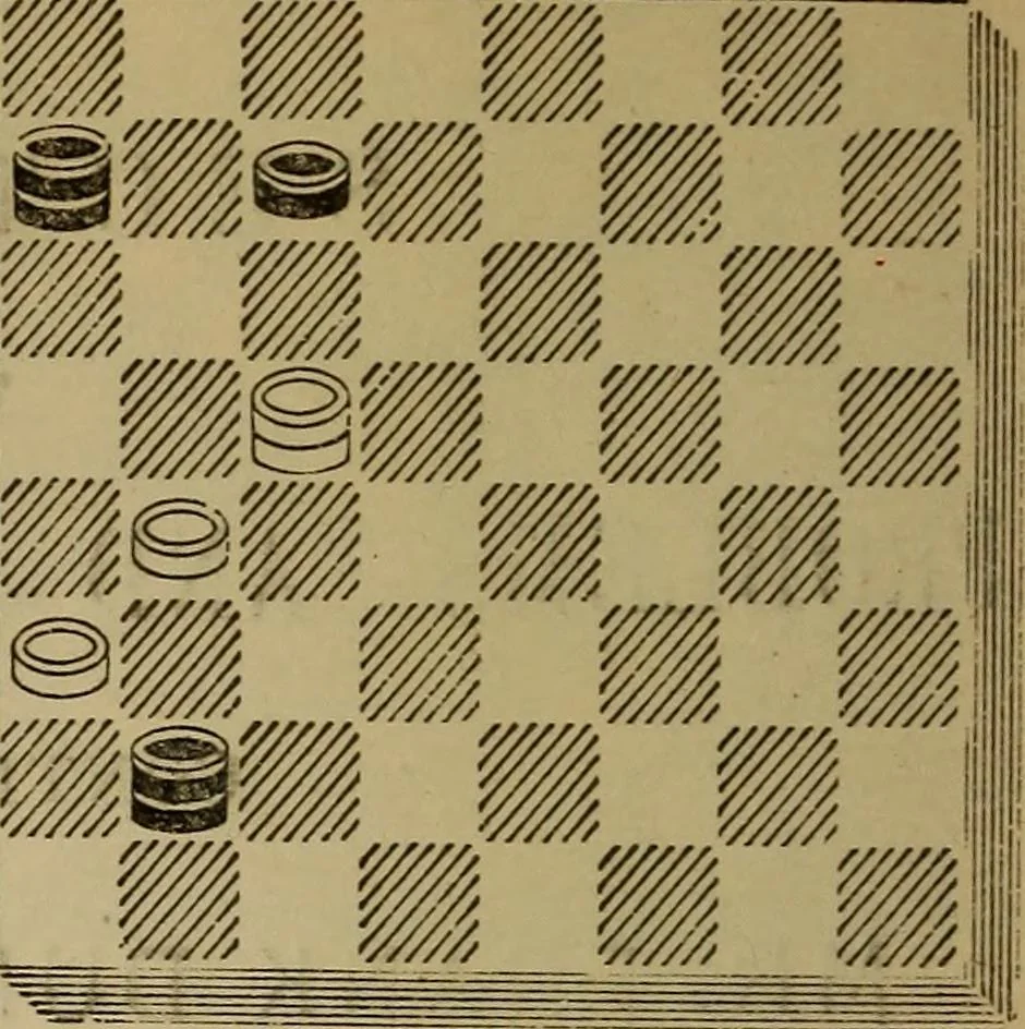An illustration from Draughts : Gould's problems, critical positions and games by all the greatest players and composers of the world, the whole interspersed with notes on the positions / by Joseph Gould, 1895, leaf 55