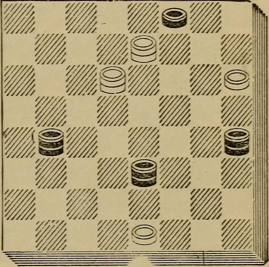 An illustration from Draughts : Gould's problems, critical positions and games by all the greatest players and composers of the world, the whole interspersed with notes on the positions / by Joseph Gould, 1895, leaf 56