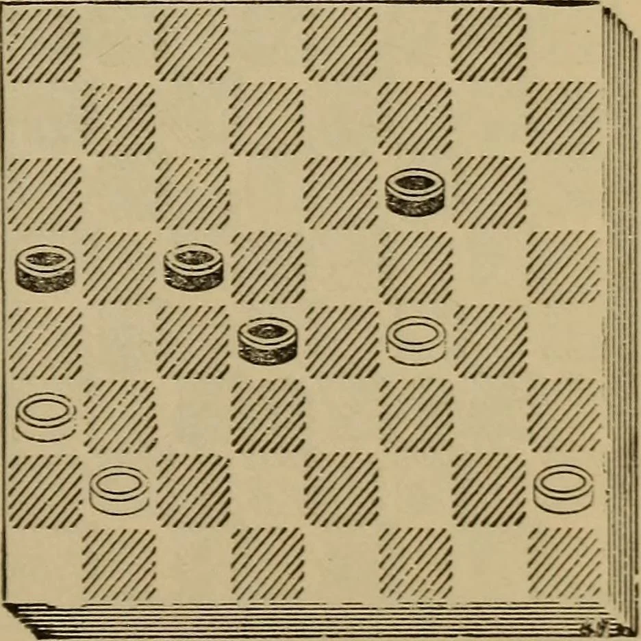 An illustration from Draughts : Gould's problems, critical positions and games by all the greatest players and composers of the world, the whole interspersed with notes on the positions / by Joseph Gould, 1895, leaf 56