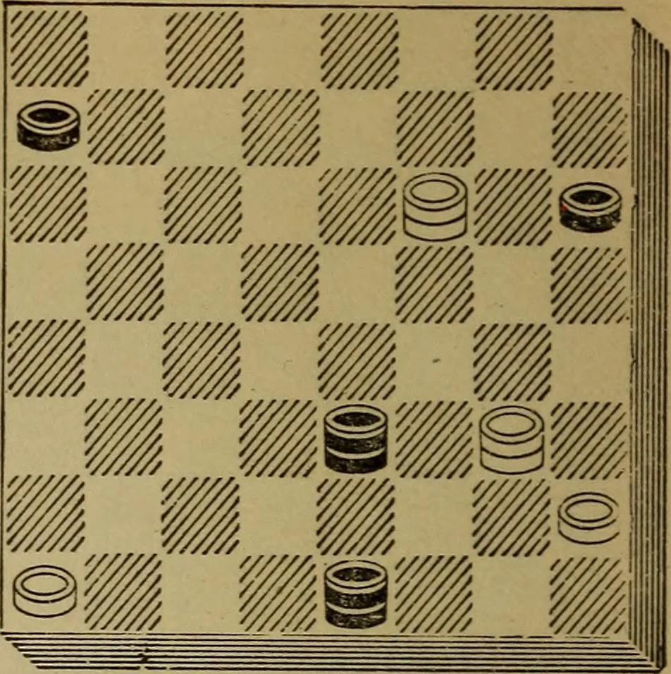 An illustration from Draughts : Gould's problems, critical positions and games by all the greatest players and composers of the world, the whole interspersed with notes on the positions / by Joseph Gould, 1895, leaf 57