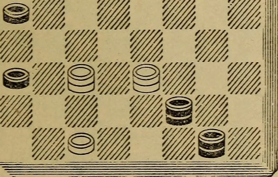 An illustration from Draughts : Gould's problems, critical positions and games by all the greatest players and composers of the world, the whole interspersed with notes on the positions / by Joseph Gould, 1895, leaf 58