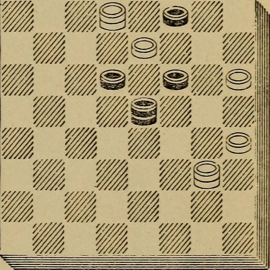 An illustration from Draughts : Gould's problems, critical positions and games by all the greatest players and composers of the world, the whole interspersed with notes on the positions / by Joseph Gould, 1895, leaf 58