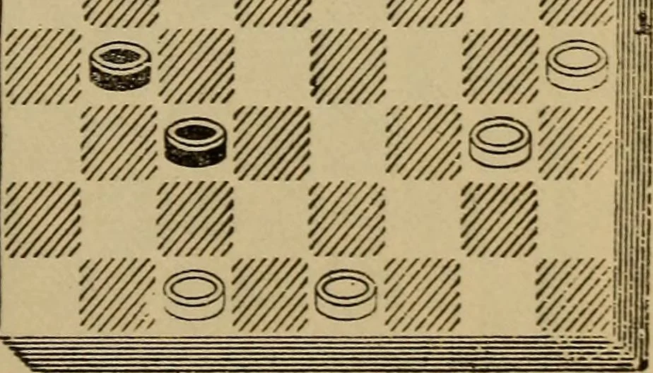 An illustration from Draughts : Gould's problems, critical positions and games by all the greatest players and composers of the world, the whole interspersed with notes on the positions / by Joseph Gould, 1895, leaf 58