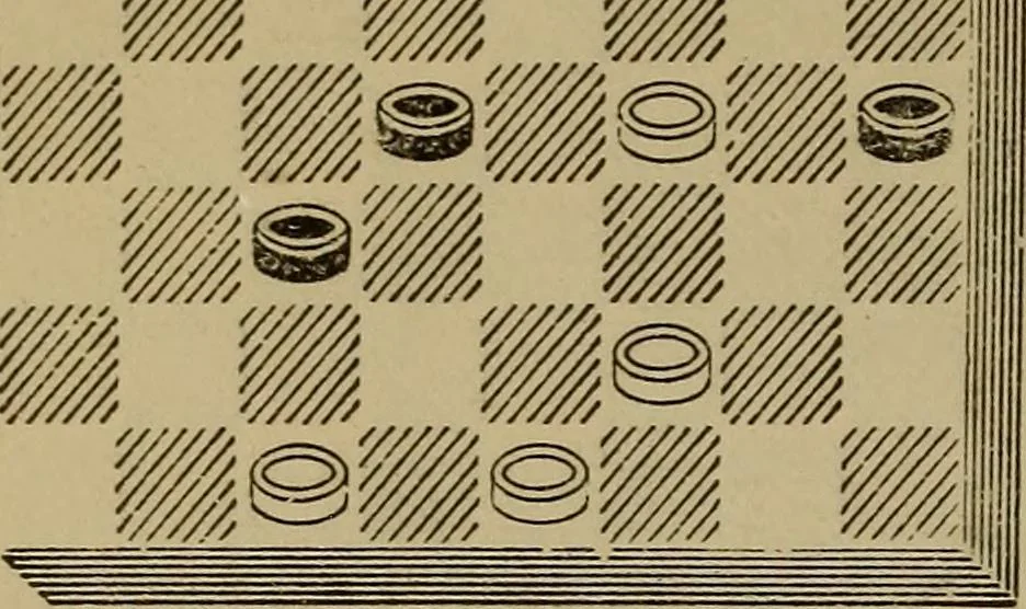 An illustration from Draughts : Gould's problems, critical positions and games by all the greatest players and composers of the world, the whole interspersed with notes on the positions / by Joseph Gould, 1895, leaf 59