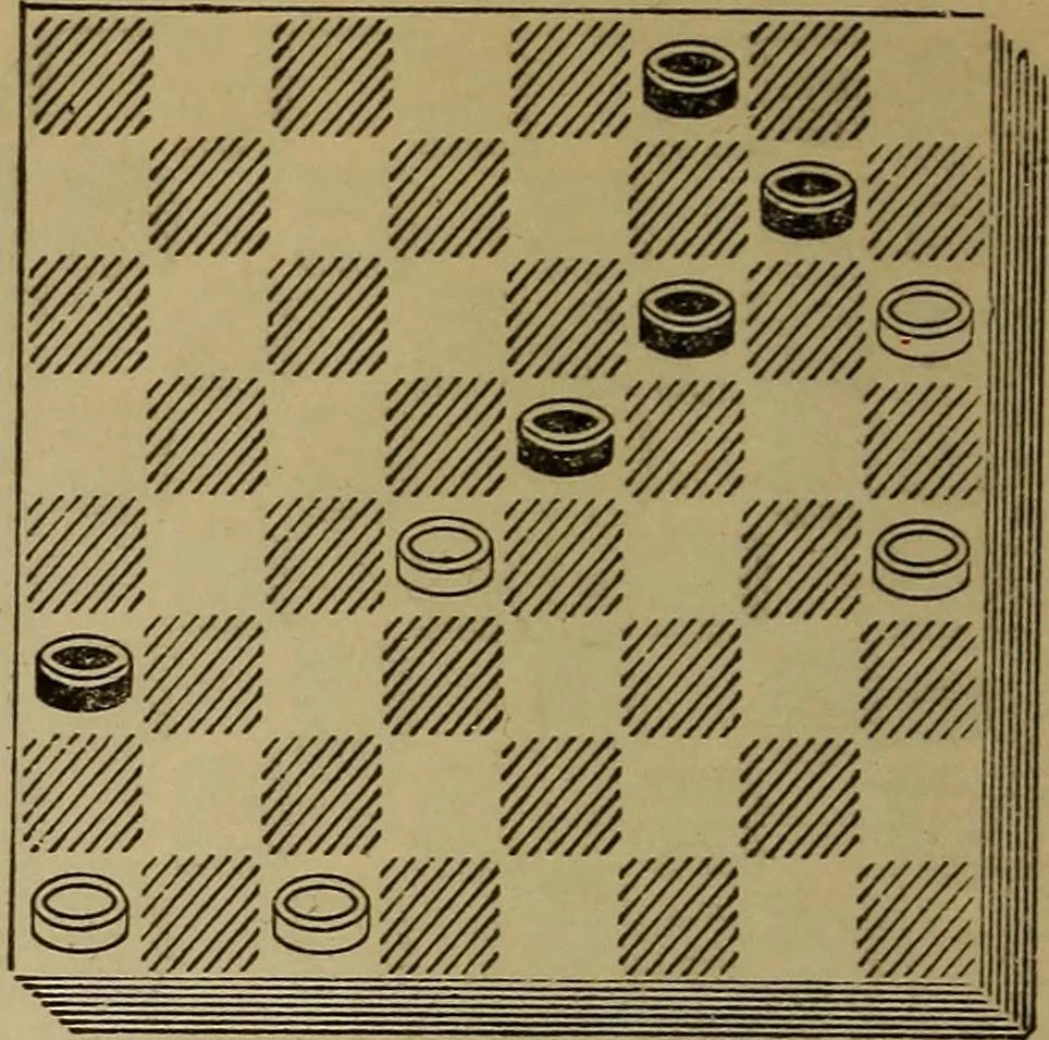 An illustration from Draughts : Gould's problems, critical positions and games by all the greatest players and composers of the world, the whole interspersed with notes on the positions / by Joseph Gould, 1895, leaf 59
