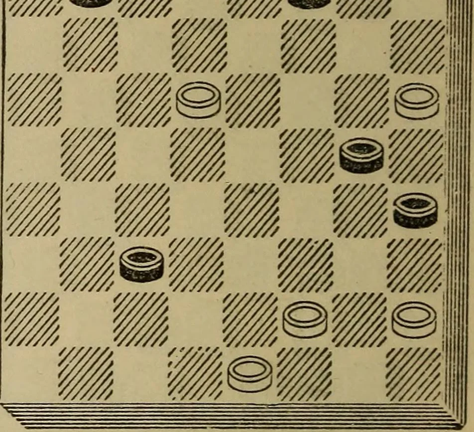 An illustration from Draughts : Gould's problems, critical positions and games by all the greatest players and composers of the world, the whole interspersed with notes on the positions / by Joseph Gould, 1895, leaf 59