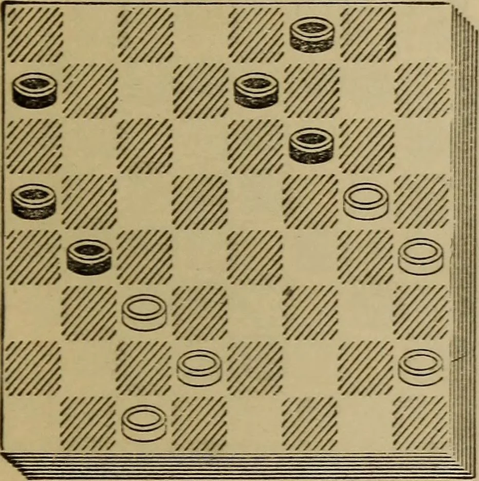 An illustration from Draughts : Gould's problems, critical positions and games by all the greatest players and composers of the world, the whole interspersed with notes on the positions / by Joseph Gould, 1895, leaf 60