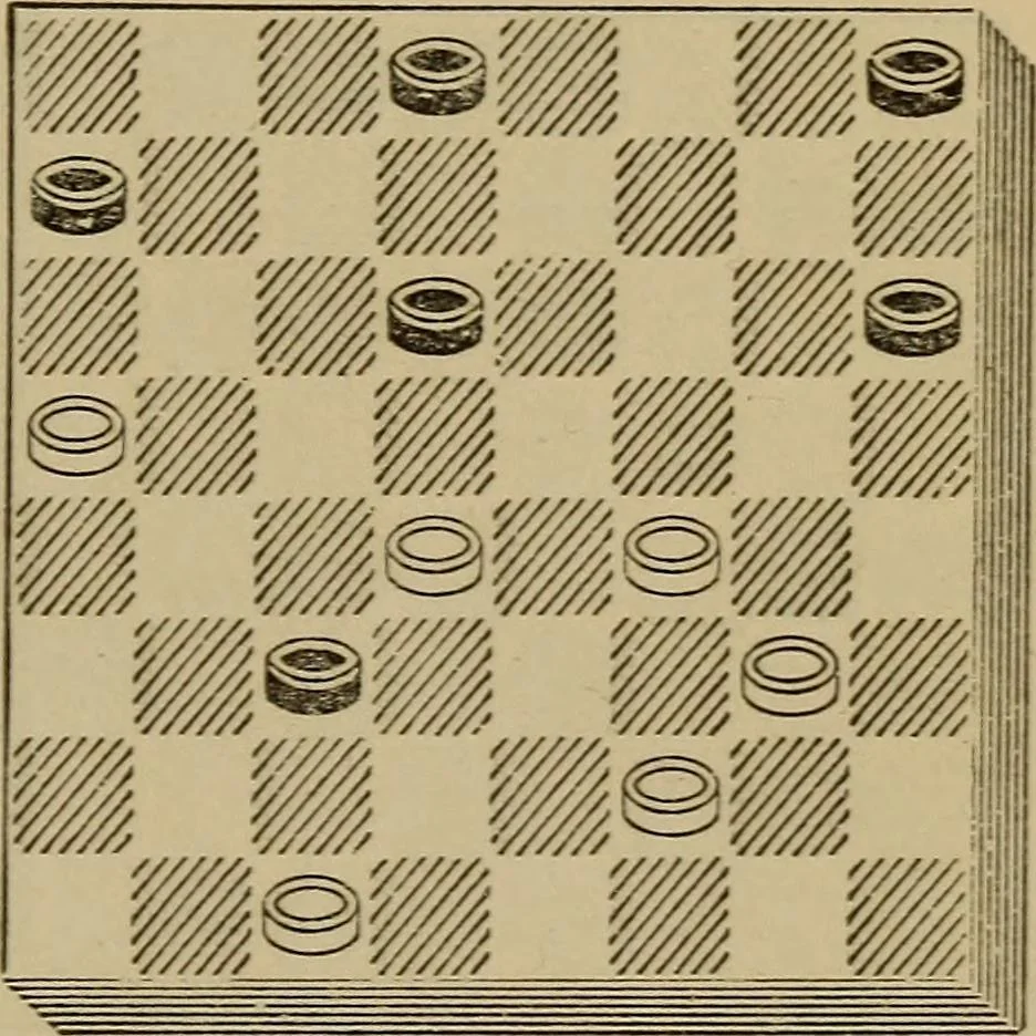 An illustration from Draughts : Gould's problems, critical positions and games by all the greatest players and composers of the world, the whole interspersed with notes on the positions / by Joseph Gould, 1895, leaf 60