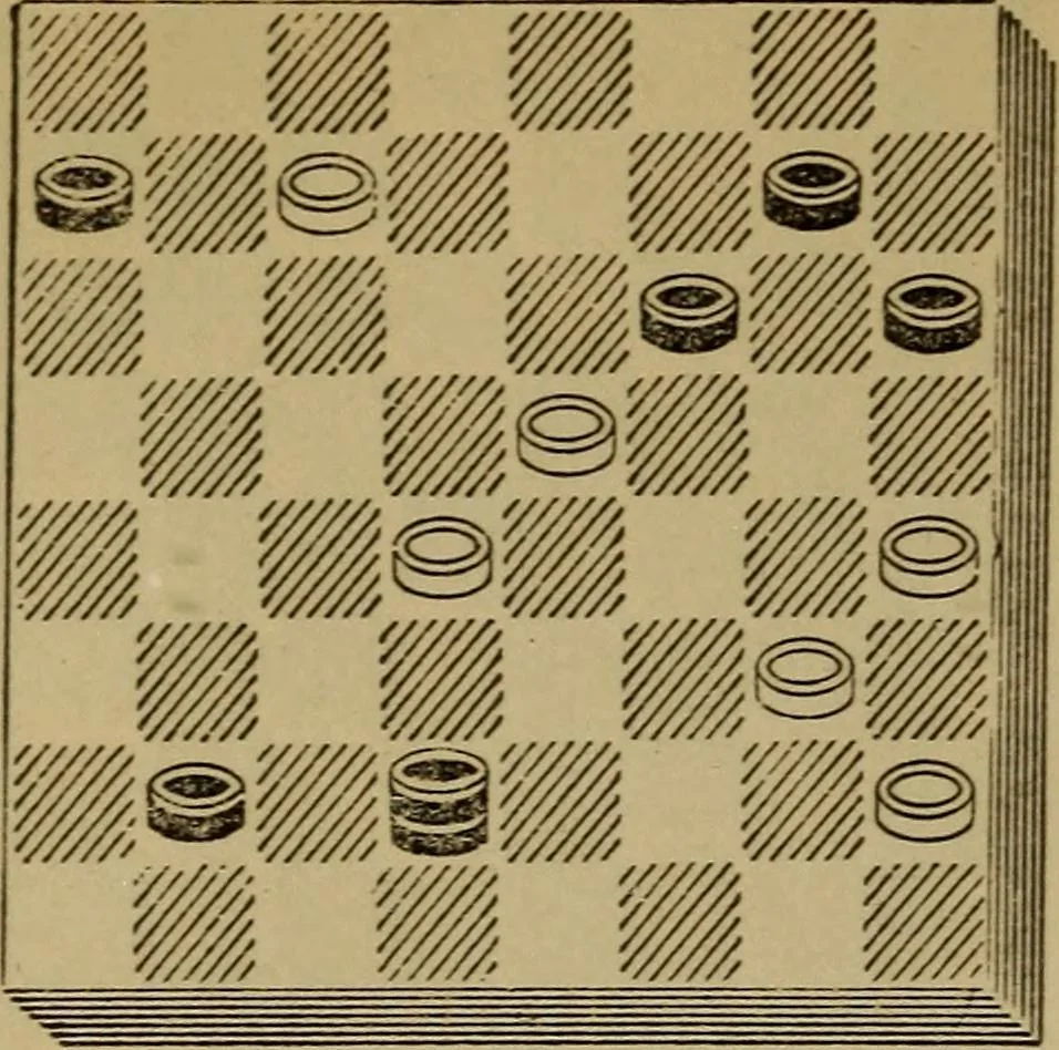 An illustration from Draughts : Gould's problems, critical positions and games by all the greatest players and composers of the world, the whole interspersed with notes on the positions / by Joseph Gould, 1895, leaf 61
