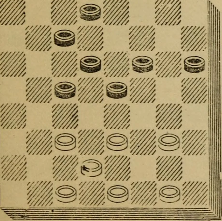 An illustration from Draughts : Gould's problems, critical positions and games by all the greatest players and composers of the world, the whole interspersed with notes on the positions / by Joseph Gould, 1895, leaf 62