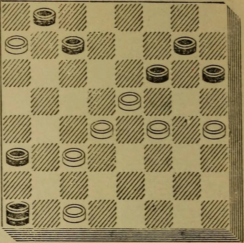 An illustration from Draughts : Gould's problems, critical positions and games by all the greatest players and composers of the world, the whole interspersed with notes on the positions / by Joseph Gould, 1895, leaf 63