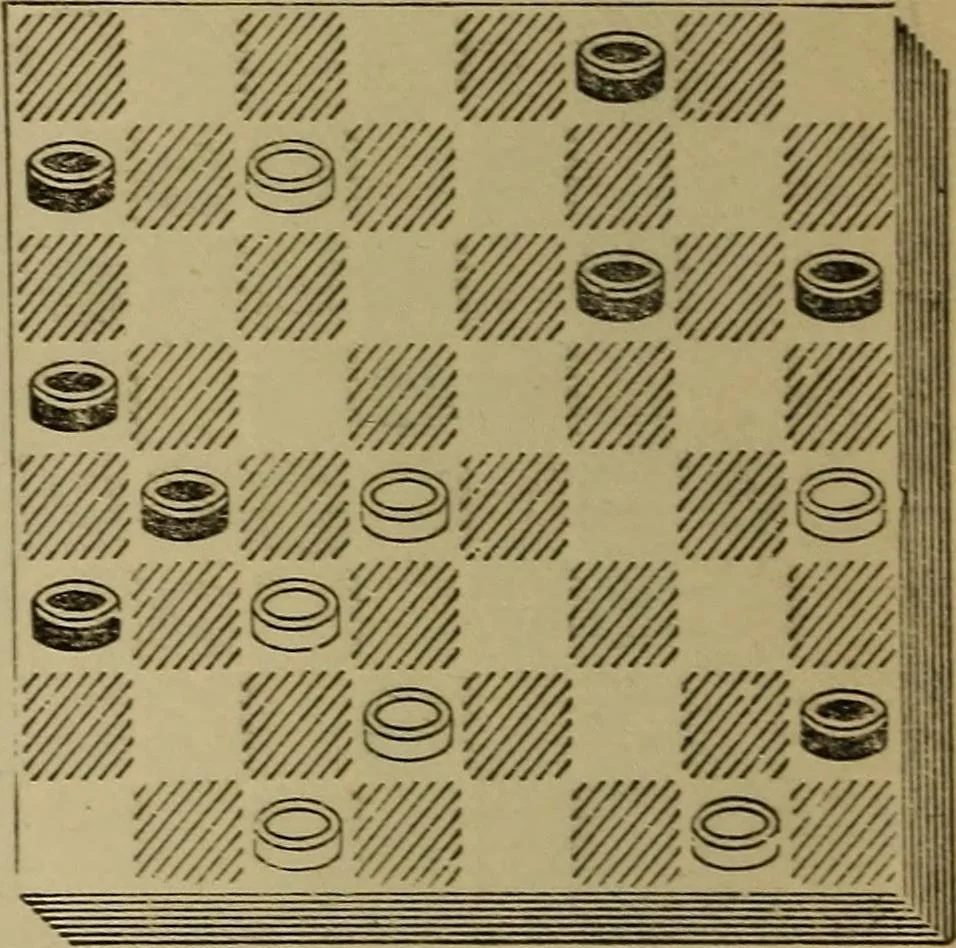 An illustration from Draughts : Gould's problems, critical positions and games by all the greatest players and composers of the world, the whole interspersed with notes on the positions / by Joseph Gould, 1895, leaf 63