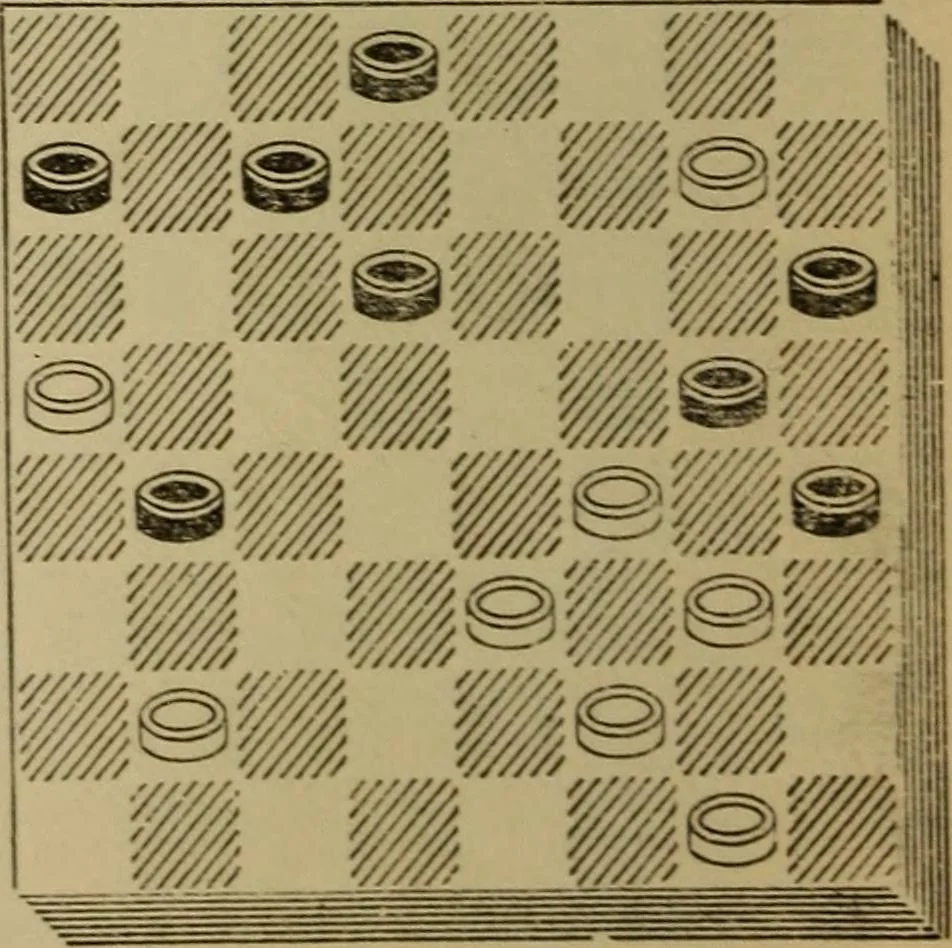An illustration from Draughts : Gould's problems, critical positions and games by all the greatest players and composers of the world, the whole interspersed with notes on the positions / by Joseph Gould, 1895, leaf 63