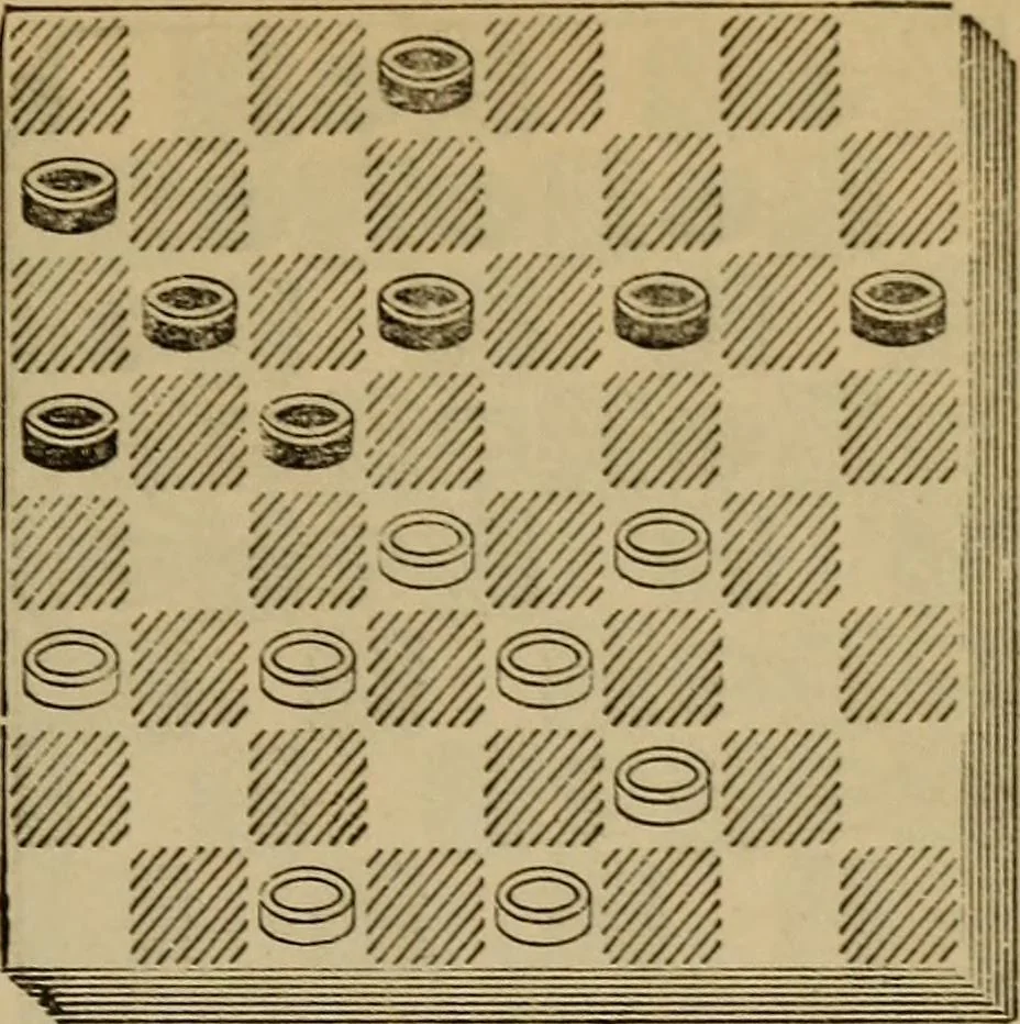 An illustration from Draughts : Gould's problems, critical positions and games by all the greatest players and composers of the world, the whole interspersed with notes on the positions / by Joseph Gould, 1895, leaf 64