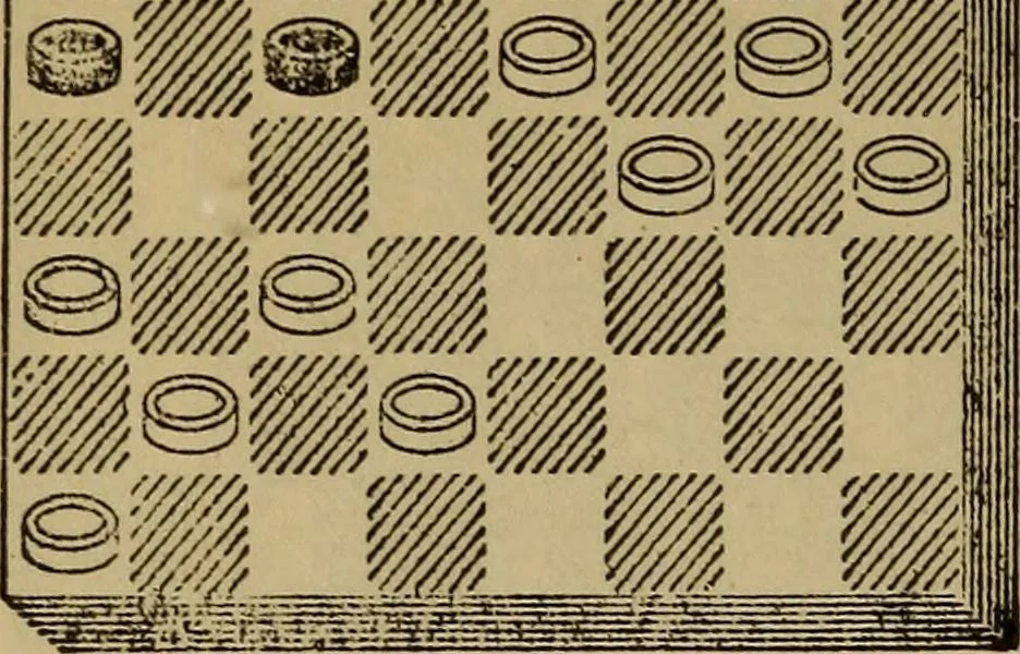 An illustration from Draughts : Gould's problems, critical positions and games by all the greatest players and composers of the world, the whole interspersed with notes on the positions / by Joseph Gould, 1895, leaf 65