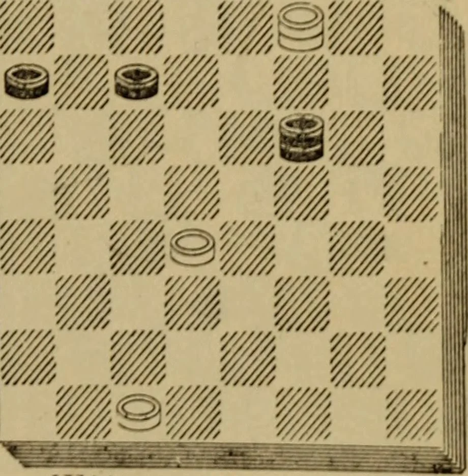 An illustration from Draughts : Gould's problems, critical positions and games by all the greatest players and composers of the world, the whole interspersed with notes on the positions / by Joseph Gould, 1895, leaf 66