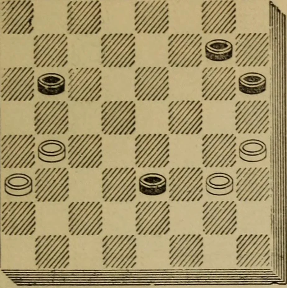 An illustration from Draughts : Gould's problems, critical positions and games by all the greatest players and composers of the world, the whole interspersed with notes on the positions / by Joseph Gould, 1895, leaf 68
