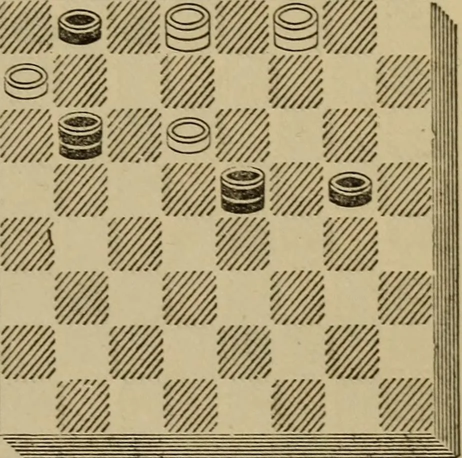 An illustration from Draughts : Gould's problems, critical positions and games by all the greatest players and composers of the world, the whole interspersed with notes on the positions / by Joseph Gould, 1895, leaf 68