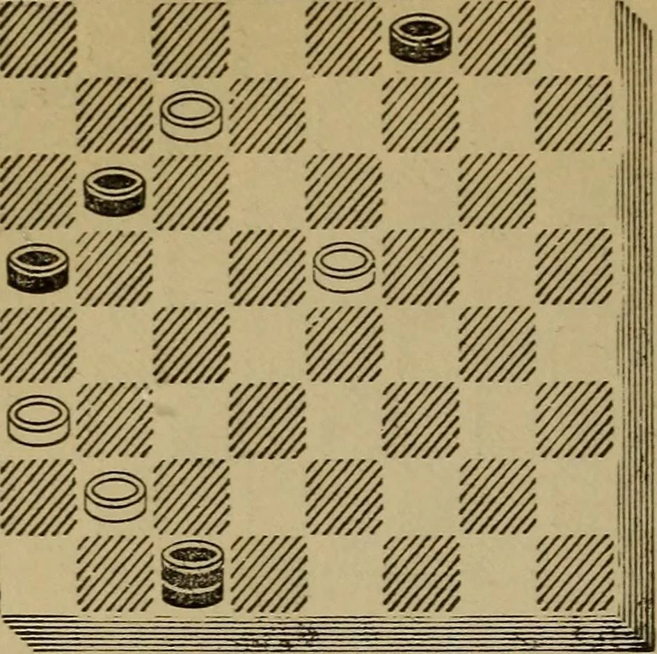 An illustration from Draughts : Gould's problems, critical positions and games by all the greatest players and composers of the world, the whole interspersed with notes on the positions / by Joseph Gould, 1895, leaf 69