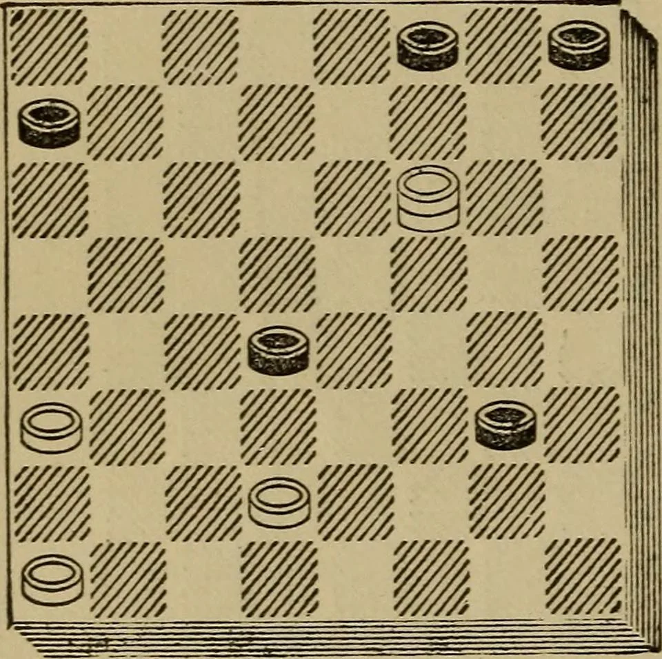 An illustration from Draughts : Gould's problems, critical positions and games by all the greatest players and composers of the world, the whole interspersed with notes on the positions / by Joseph Gould, 1895, leaf 69