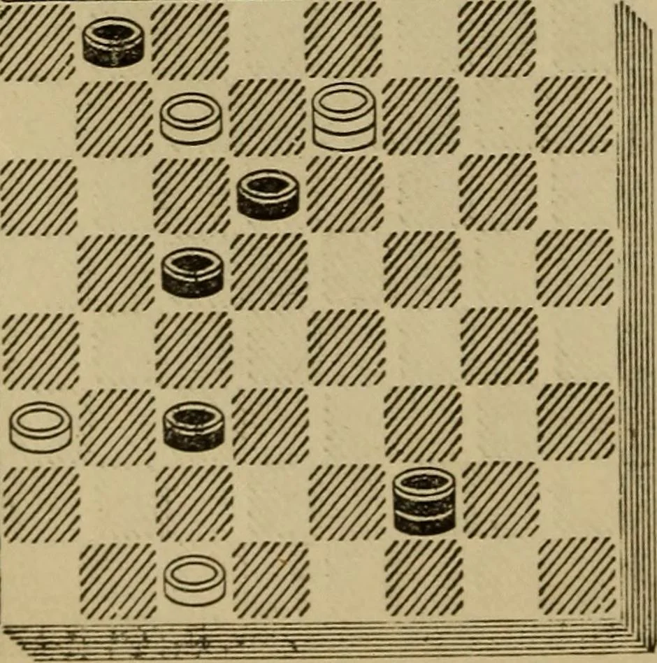 An illustration from Draughts : Gould's problems, critical positions and games by all the greatest players and composers of the world, the whole interspersed with notes on the positions / by Joseph Gould, 1895, leaf 69