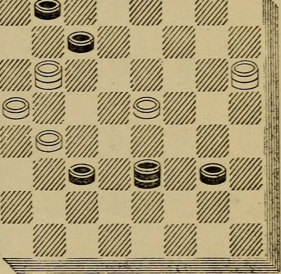 An illustration from Draughts : Gould's problems, critical positions and games by all the greatest players and composers of the world, the whole interspersed with notes on the positions / by Joseph Gould, 1895, leaf 70