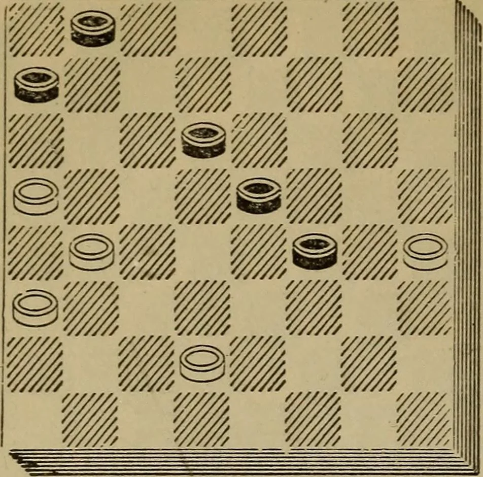 An illustration from Draughts : Gould's problems, critical positions and games by all the greatest players and composers of the world, the whole interspersed with notes on the positions / by Joseph Gould, 1895, leaf 71