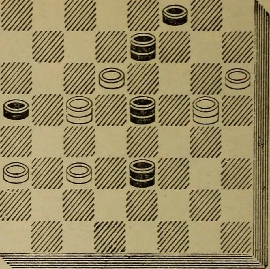 An illustration from Draughts : Gould's problems, critical positions and games by all the greatest players and composers of the world, the whole interspersed with notes on the positions / by Joseph Gould, 1895, leaf 71