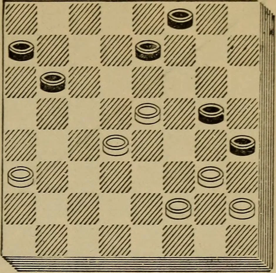 An illustration from Draughts : Gould's problems, critical positions and games by all the greatest players and composers of the world, the whole interspersed with notes on the positions / by Joseph Gould, 1895, leaf 72
