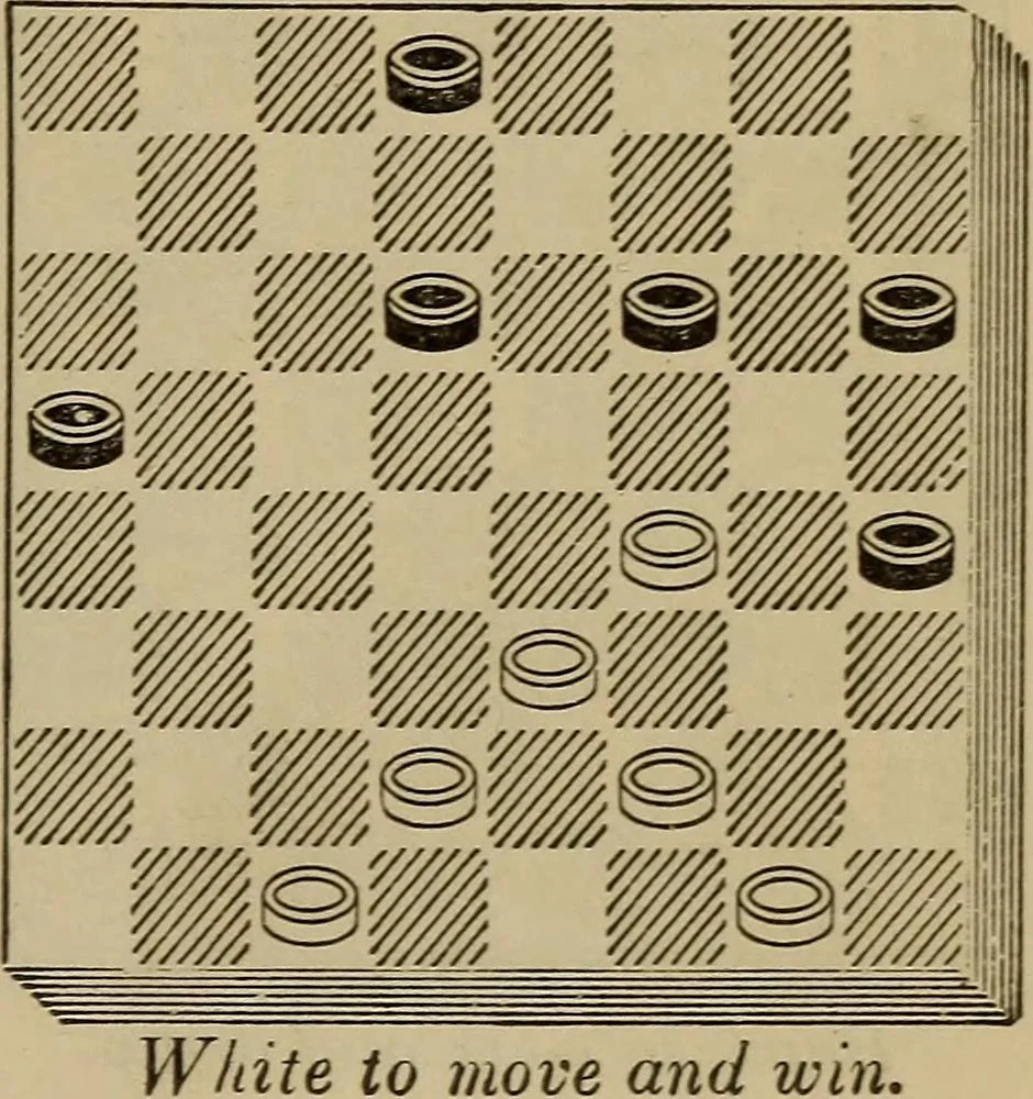 An illustration from Draughts : Gould's problems, critical positions and games by all the greatest players and composers of the world, the whole interspersed with notes on the positions / by Joseph Gould, 1895, leaf 72