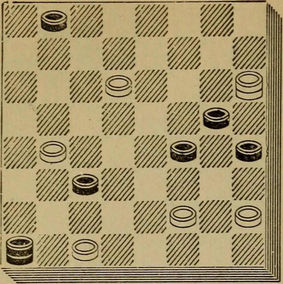 An illustration from Draughts : Gould's problems, critical positions and games by all the greatest players and composers of the world, the whole interspersed with notes on the positions / by Joseph Gould, 1895, leaf 73