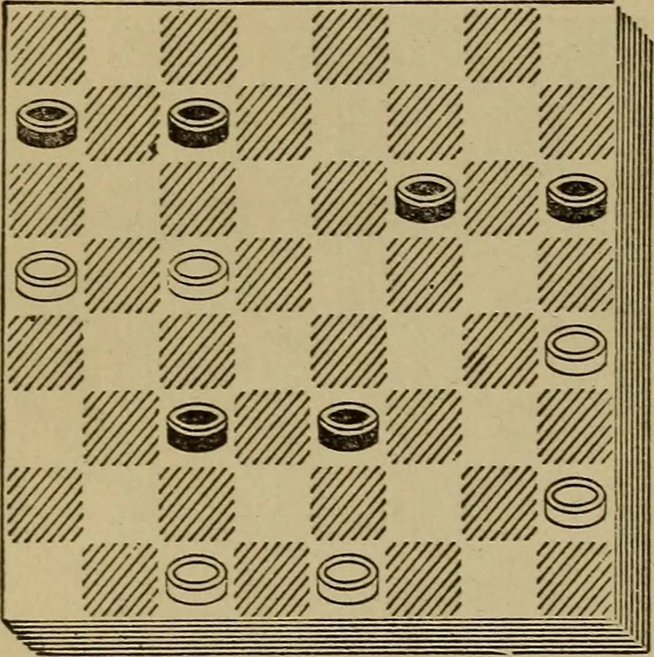 An illustration from Draughts : Gould's problems, critical positions and games by all the greatest players and composers of the world, the whole interspersed with notes on the positions / by Joseph Gould, 1895, leaf 73