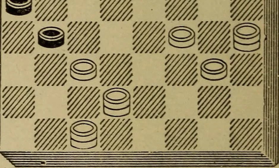 An illustration from Draughts : Gould's problems, critical positions and games by all the greatest players and composers of the world, the whole interspersed with notes on the positions / by Joseph Gould, 1895, leaf 73