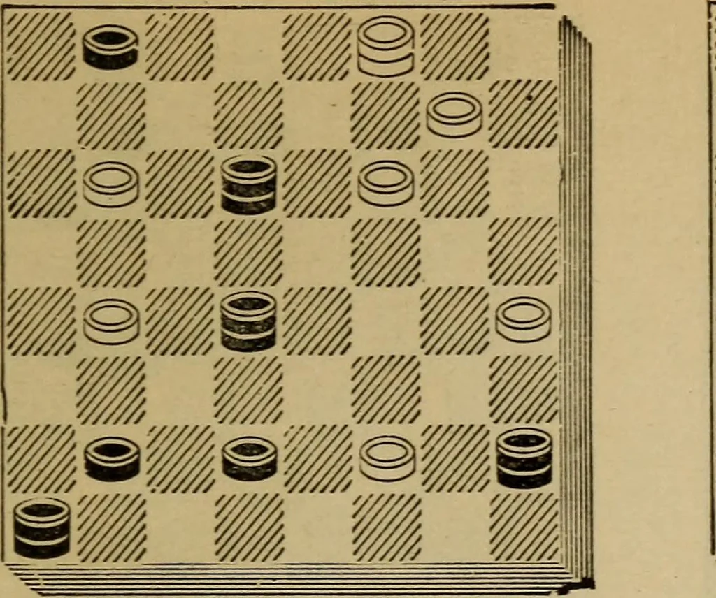 An illustration from Draughts : Gould's problems, critical positions and games by all the greatest players and composers of the world, the whole interspersed with notes on the positions / by Joseph Gould, 1895, leaf 74
