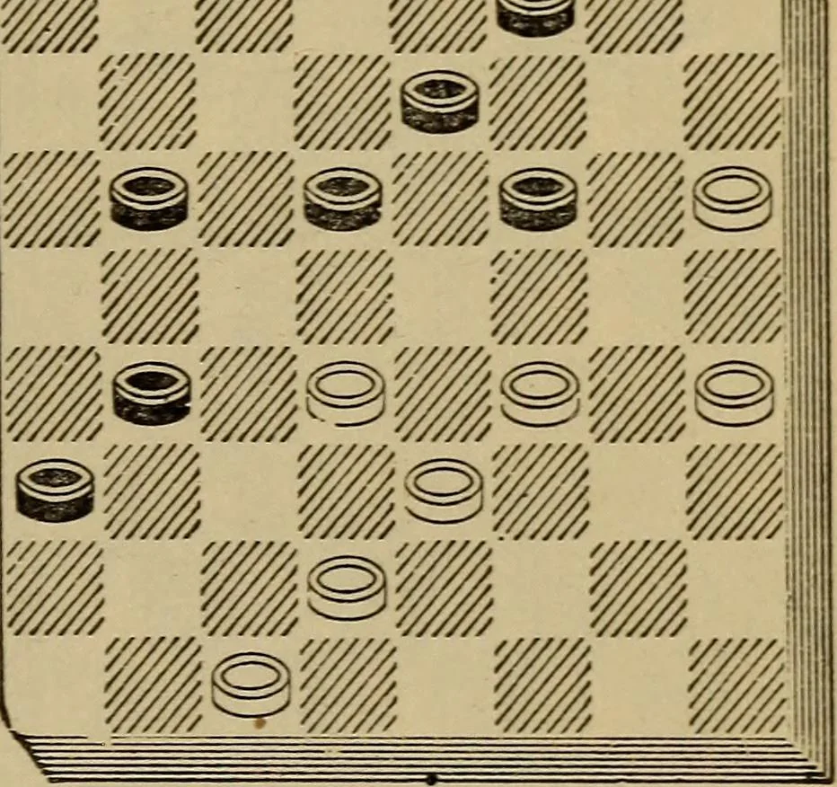 An illustration from Draughts : Gould's problems, critical positions and games by all the greatest players and composers of the world, the whole interspersed with notes on the positions / by Joseph Gould, 1895, leaf 74