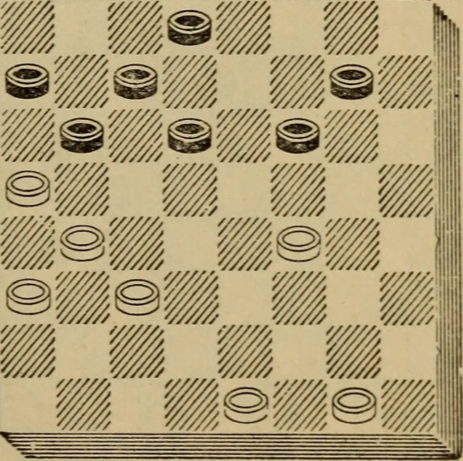 An illustration from Draughts : Gould's problems, critical positions and games by all the greatest players and composers of the world, the whole interspersed with notes on the positions / by Joseph Gould, 1895, leaf 74
