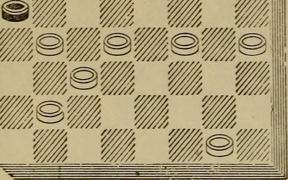An illustration from Draughts : Gould's problems, critical positions and games by all the greatest players and composers of the world, the whole interspersed with notes on the positions / by Joseph Gould, 1895, leaf 75