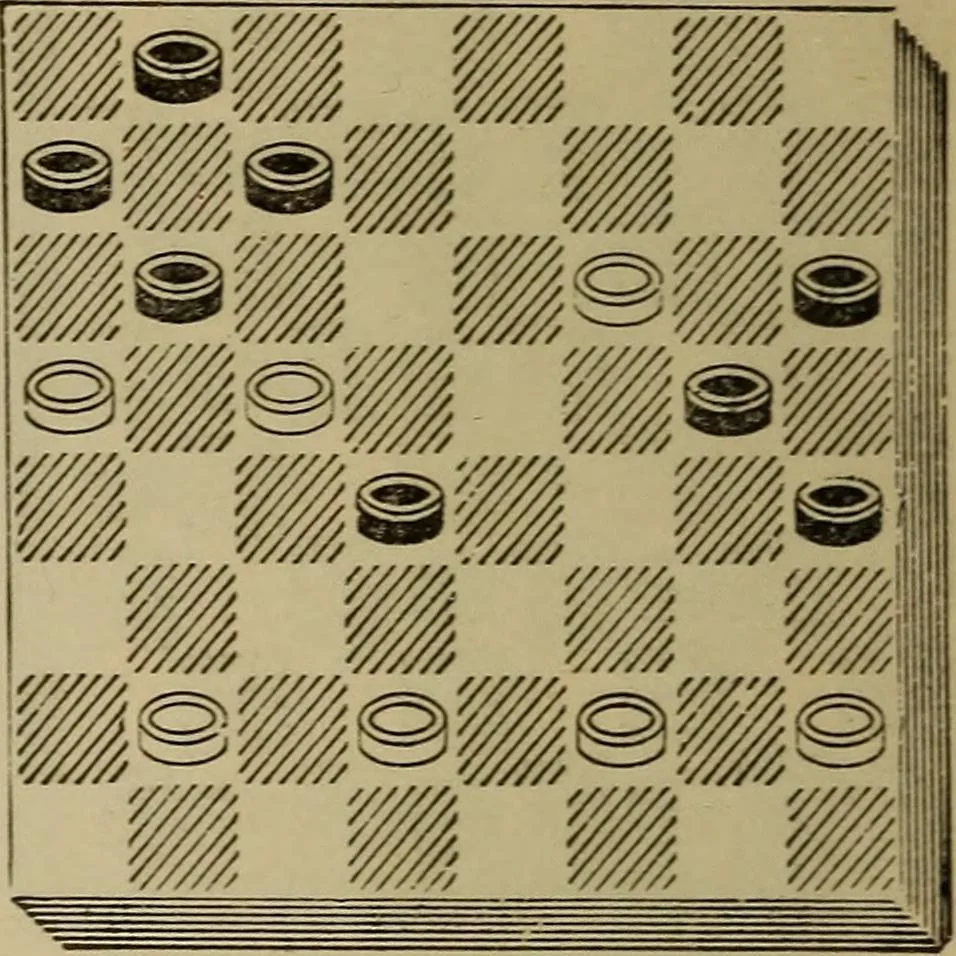An illustration from Draughts : Gould's problems, critical positions and games by all the greatest players and composers of the world, the whole interspersed with notes on the positions / by Joseph Gould, 1895, leaf 75